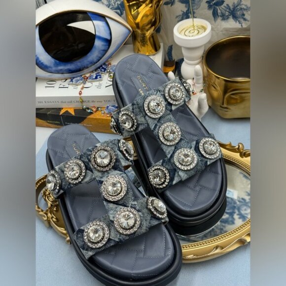 🆕 KURT GEIGER LONDON 🧿 NWOB Orson Crystal Sandal, Denim Wash - Sz EU38.5 US 8 - Picture 6 of 13